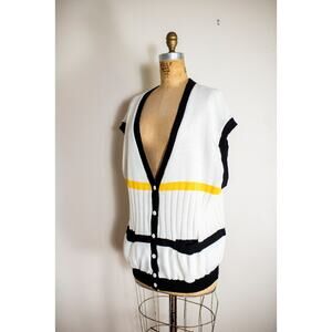 Vintage 1980s Women's Yellow Stripe Knit Colorful Sweater Vest, Art Teacher, XL